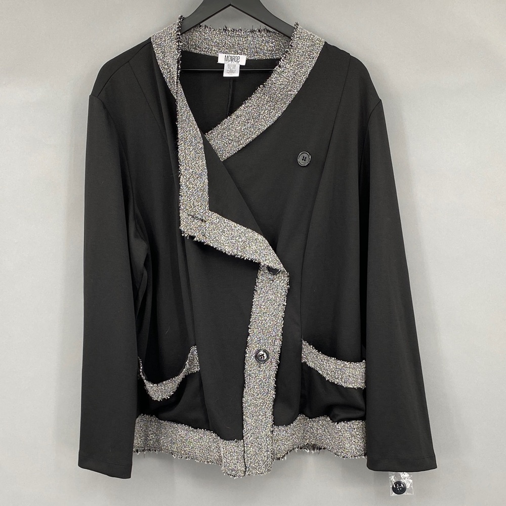 Monroe and Main Women’s Jacket Size 22W Black Gray Fringe Asymmetrical Lagenlook